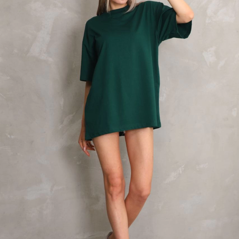 Kadın Düz  Kısa kol Penye T-shirt- Yeşil